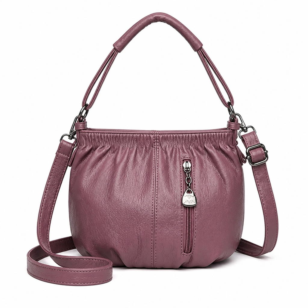 LuxeAura™ – Soft Pleated PU Leather Crossbody Bag with Silver Zip Detail