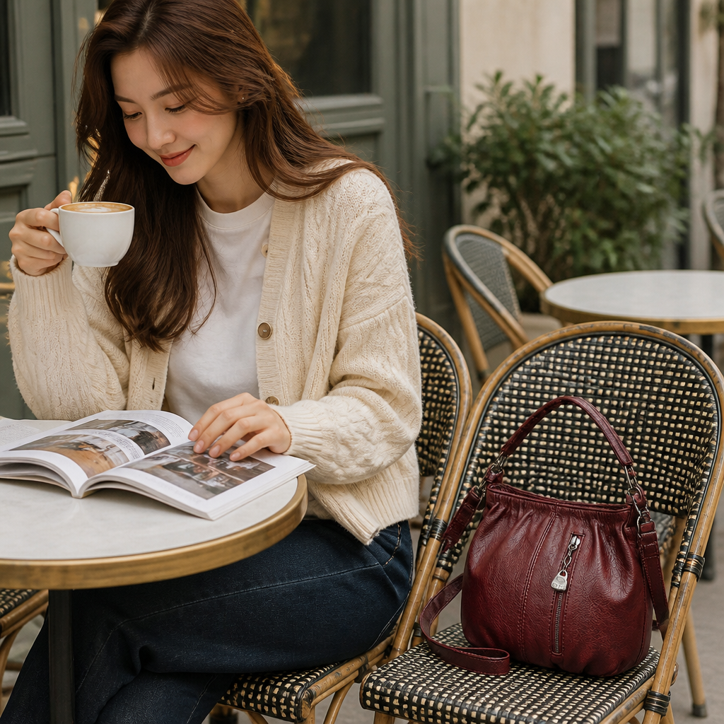 LuxeAura™ – Soft Pleated PU Leather Crossbody Bag with Silver Zip Detail