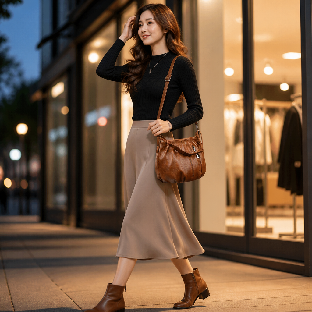 LuxeAura™ – Soft Pleated PU Leather Crossbody Bag with Silver Zip Detail