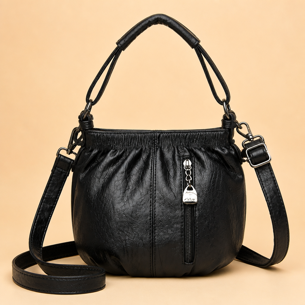 LuxeAura™ – Soft Pleated PU Leather Crossbody Bag with Silver Zip Detail