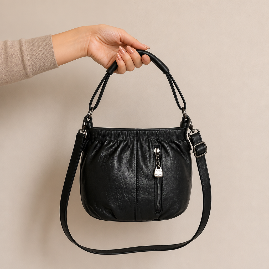 LuxeAura™ – Soft Pleated PU Leather Crossbody Bag with Silver Zip Detail