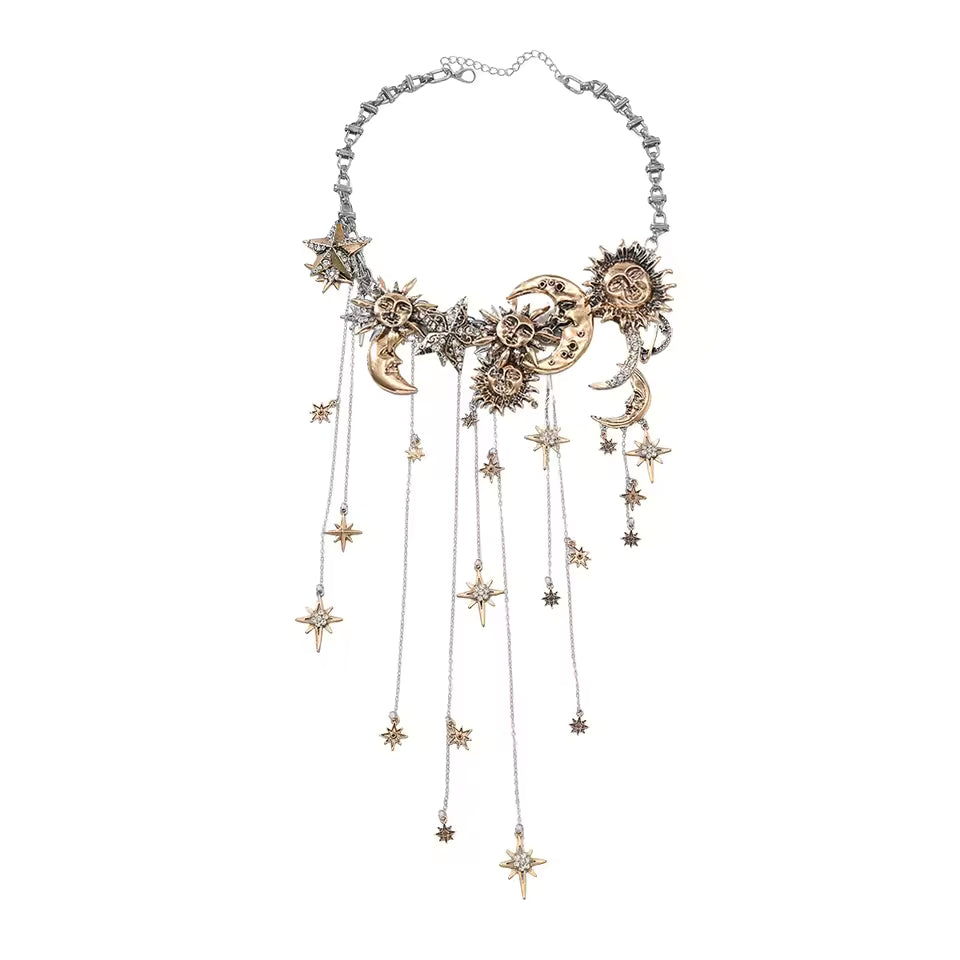 Celestra™ – Cascading Sun Moon & Star Fringe Necklace
