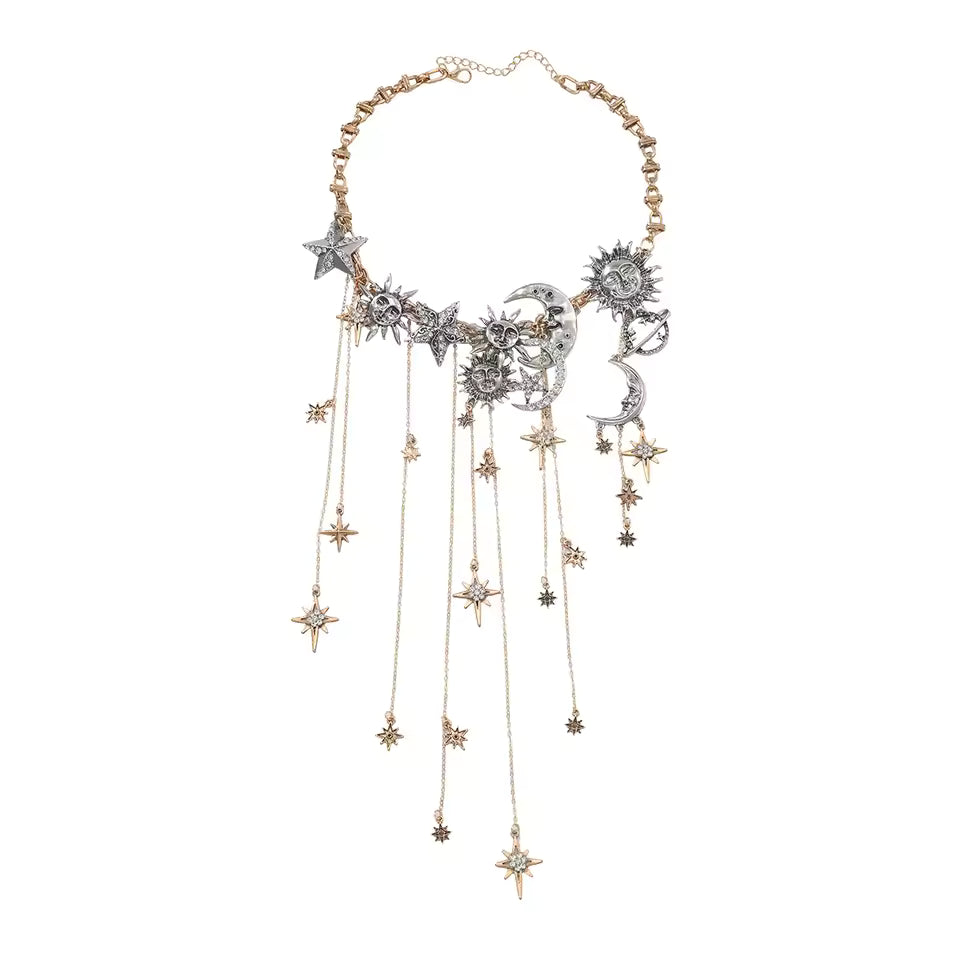 Celestra™ – Cascading Sun Moon & Star Fringe Necklace