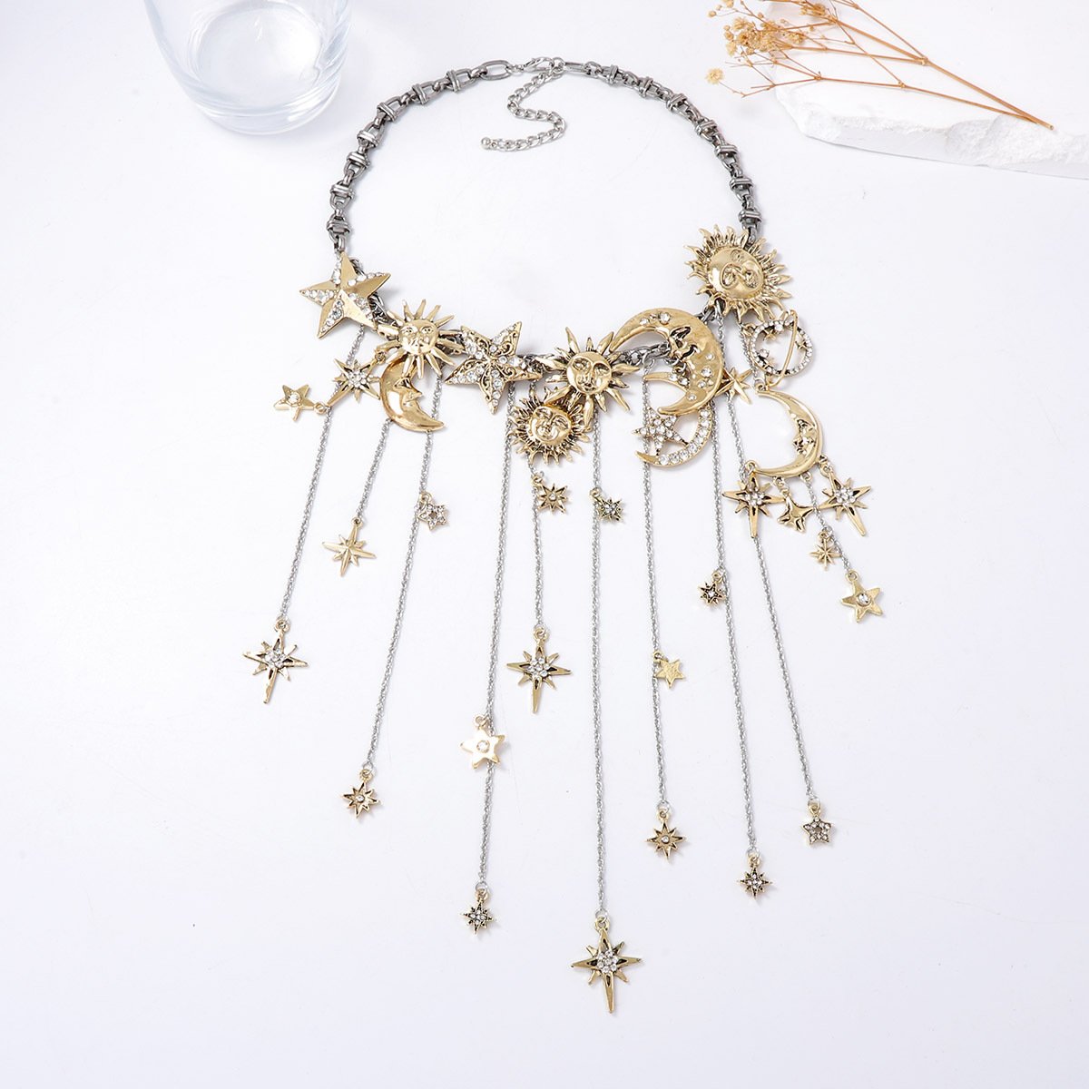 Celestra™ – Cascading Sun Moon & Star Fringe Necklace