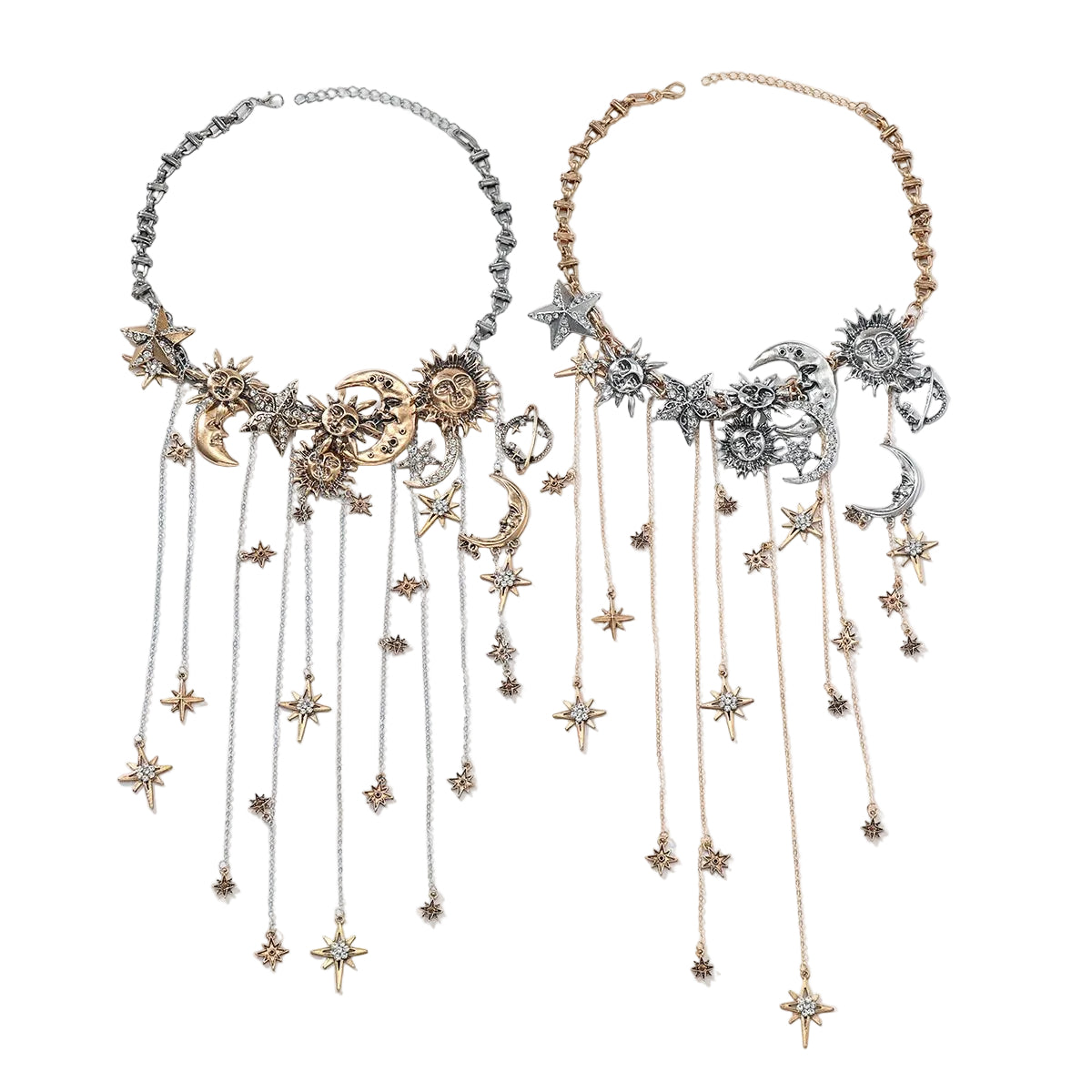 Celestra™ – Cascading Sun Moon & Star Fringe Necklace