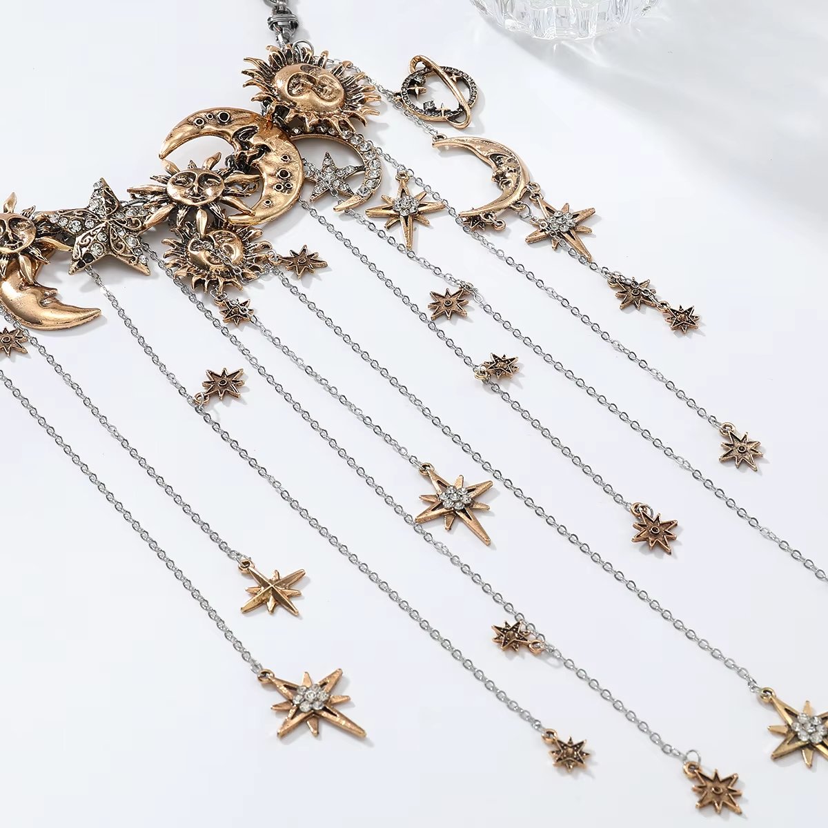 Celestra™ – Cascading Sun Moon & Star Fringe Necklace