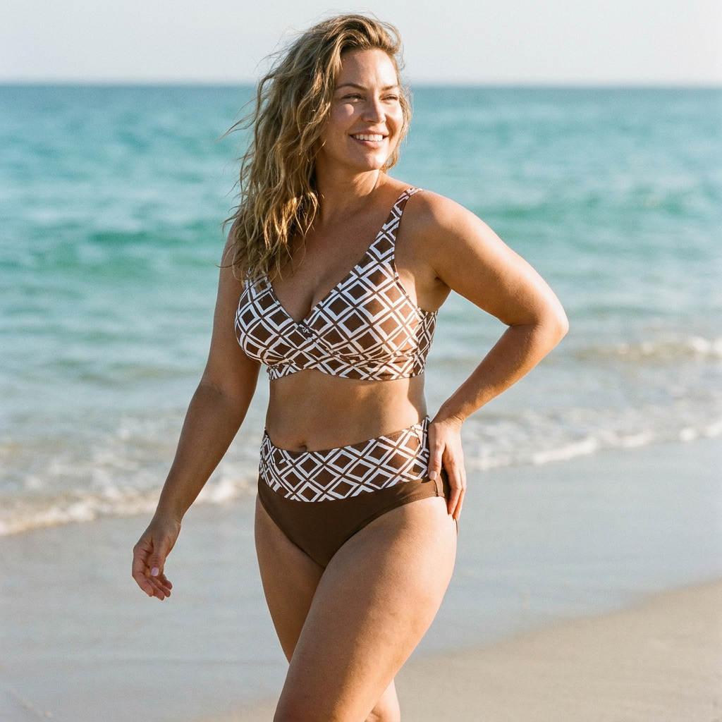 Marisol™ – High-Waisted Geometric Bikini Set with Wrap Crossover Top