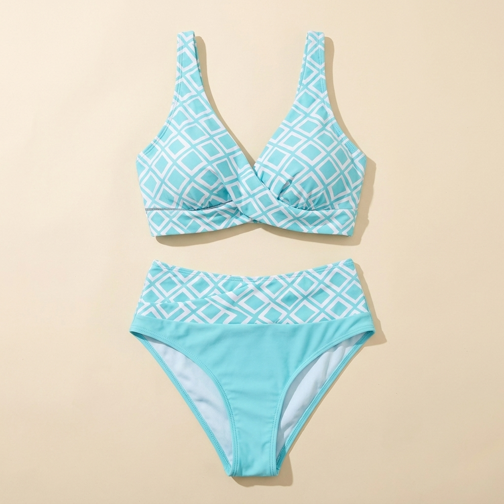 Marisol™ – High-Waisted Geometric Bikini Set with Wrap Crossover Top