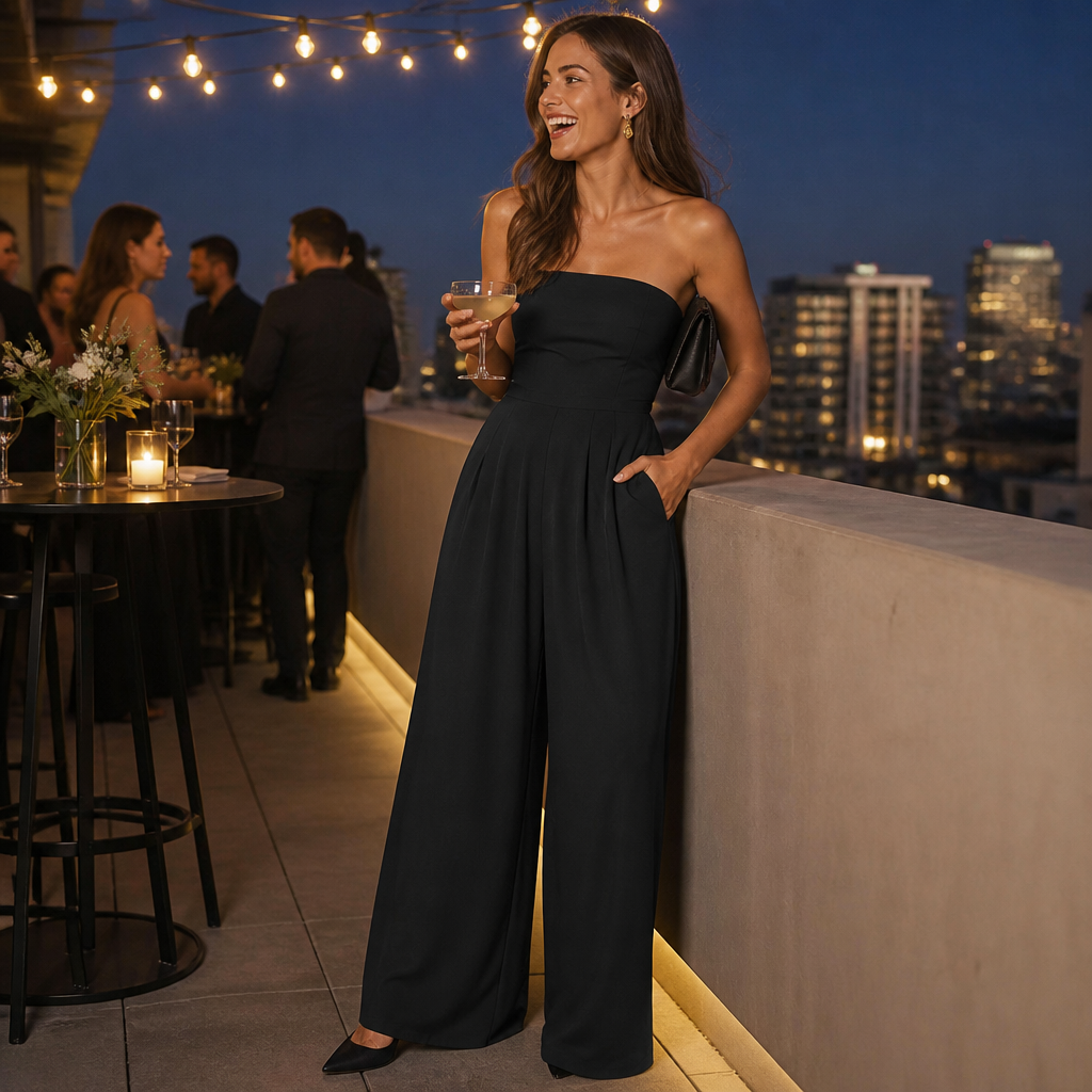 LuminaWear™ – Elegant Strapless Wide-Leg Jumpsuit with Smocked Back