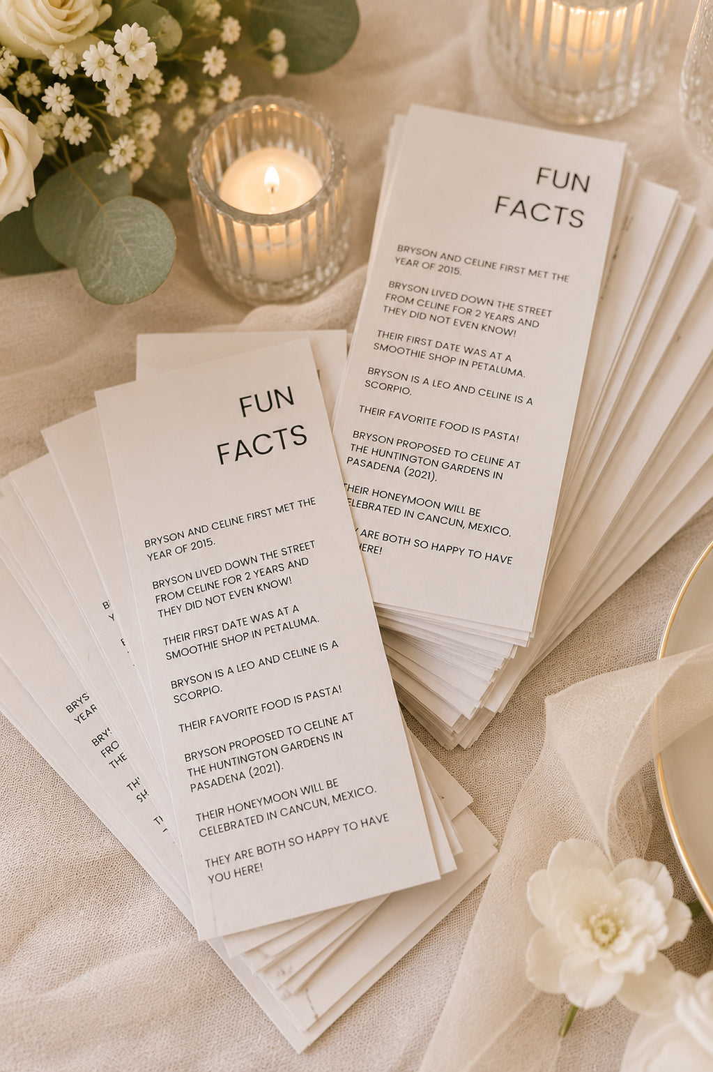 100 Personalized Wedding Fun Facts Cards | Custom Couple Story Cards for Reception Tables