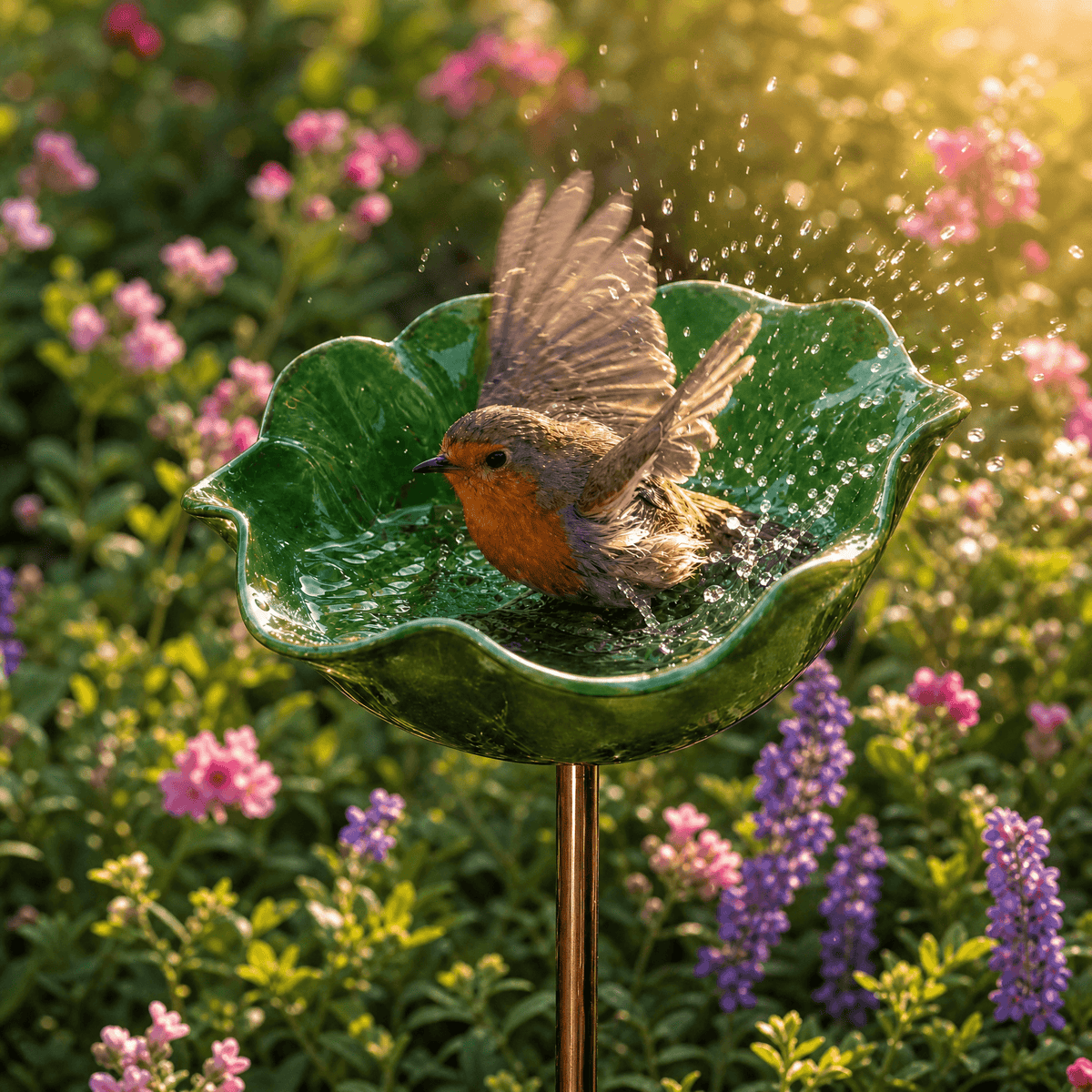 PetalHaven – Hand-Formed Poppy Bird Bath Garden Stake Green