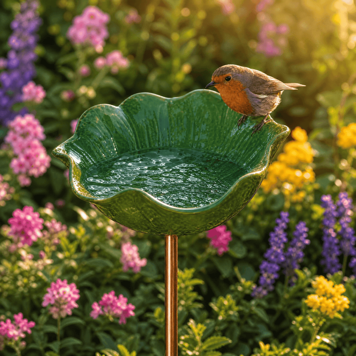 PetalHaven – Hand-Formed Poppy Bird Bath Garden Stake Green