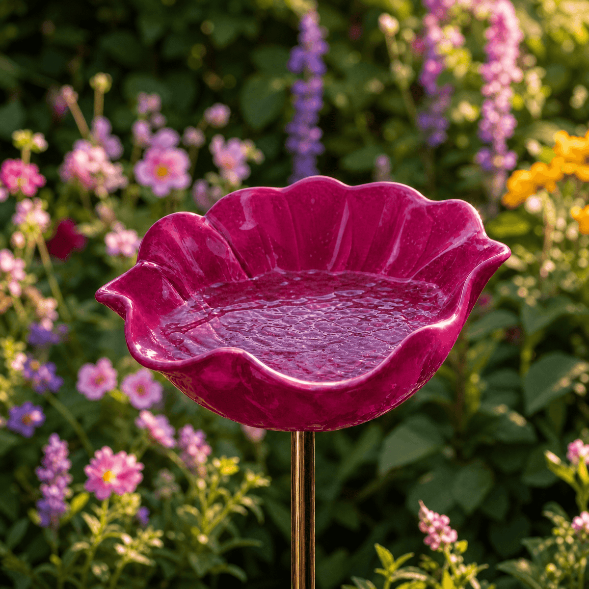 PetalHaven – Hand-Formed Poppy Bird Bath Garden Stake Hot Pink