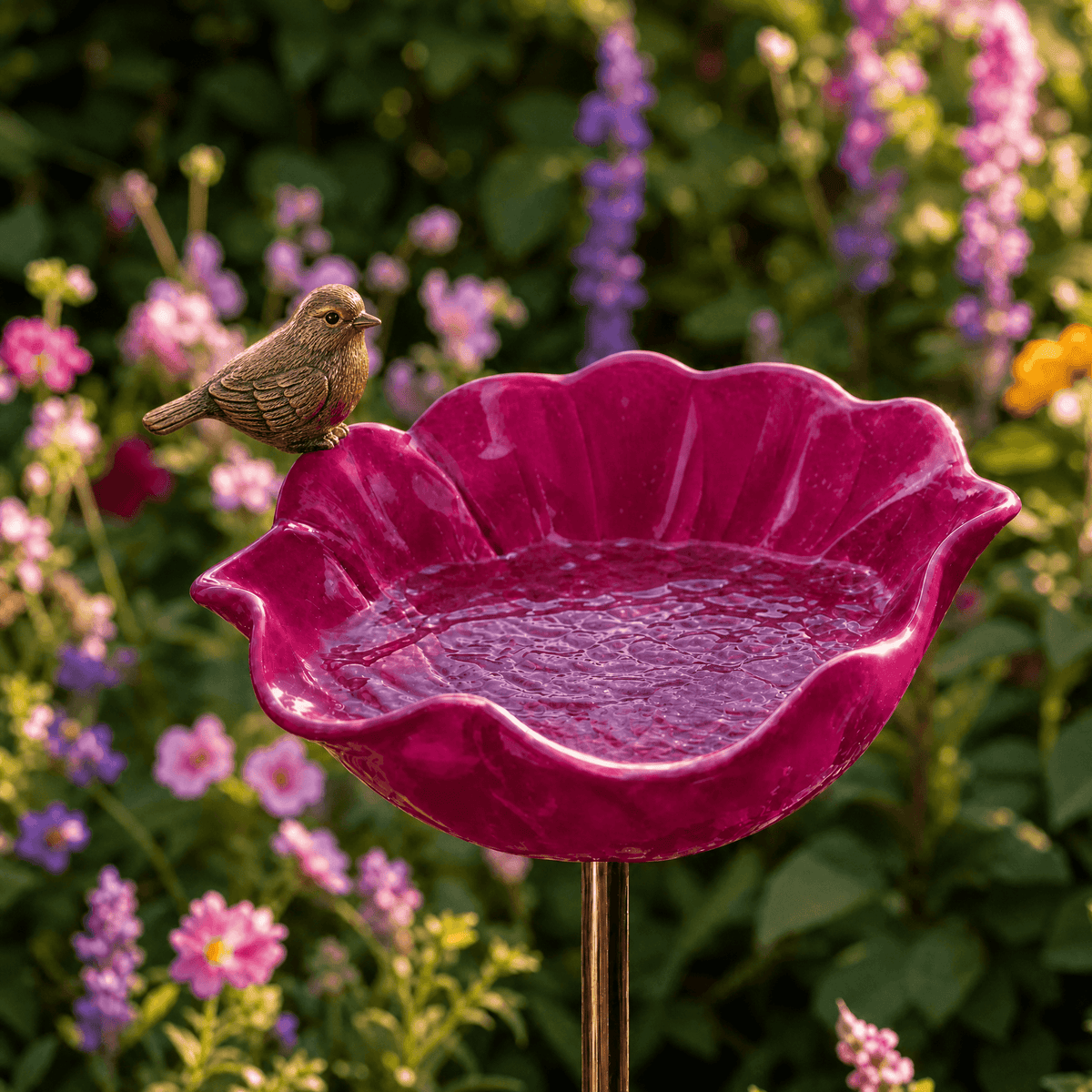 PetalHaven – Hand-Formed Poppy Bird Bath Garden Stake Hot Pink