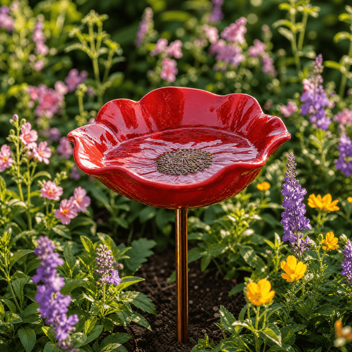 PetalHaven – Hand-Formed Poppy Bird Bath Garden Stake Poppy Red