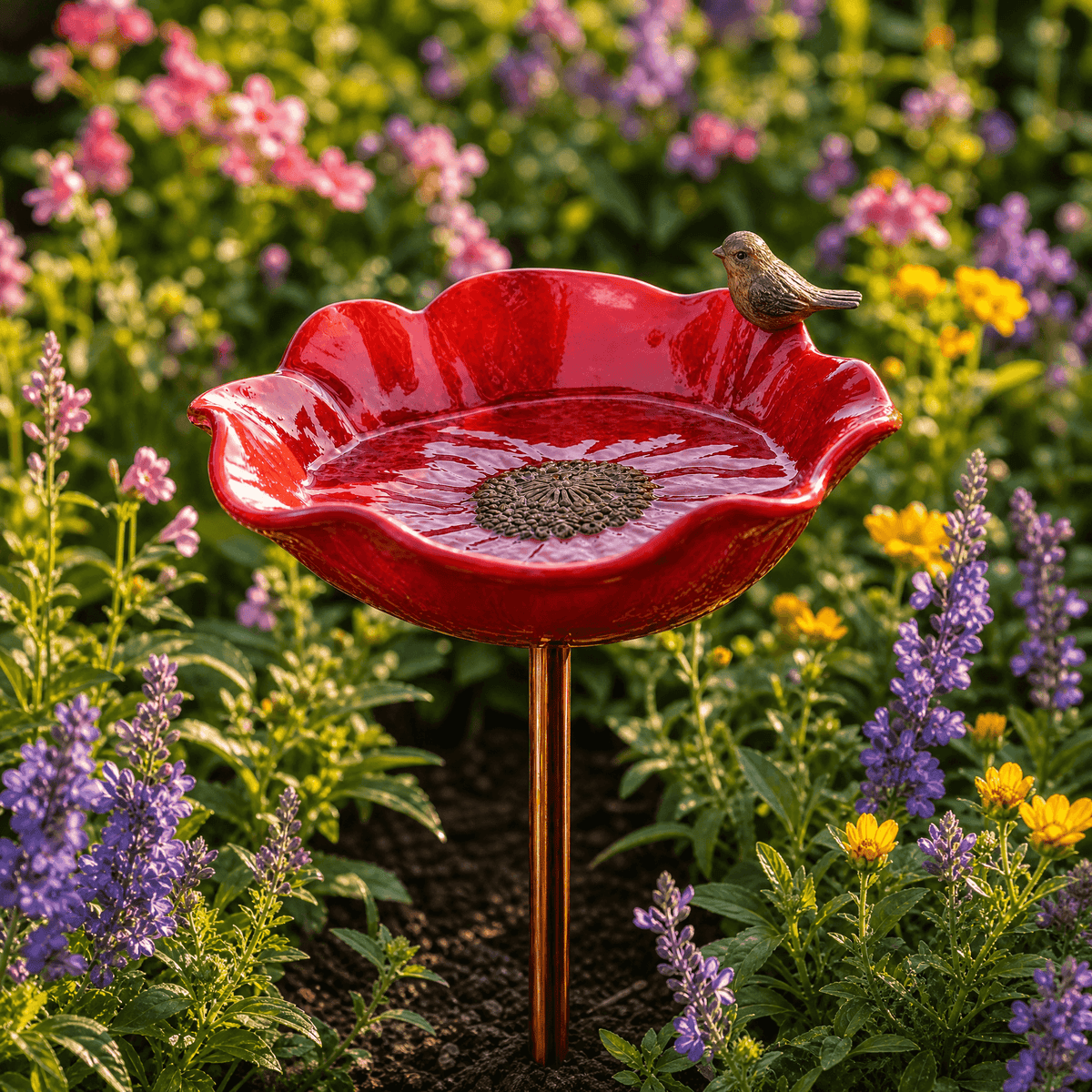 PetalHaven – Hand-Formed Poppy Bird Bath Garden Stake Poppy Red