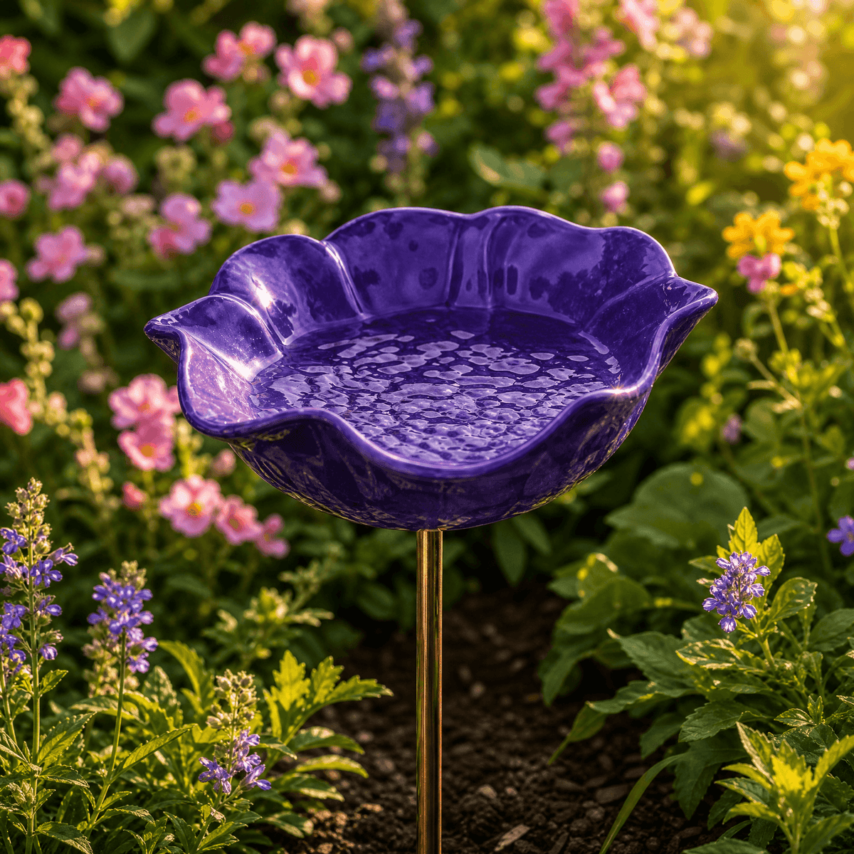 PetalHaven – Hand-Formed Poppy Bird Bath Garden Stake Purple