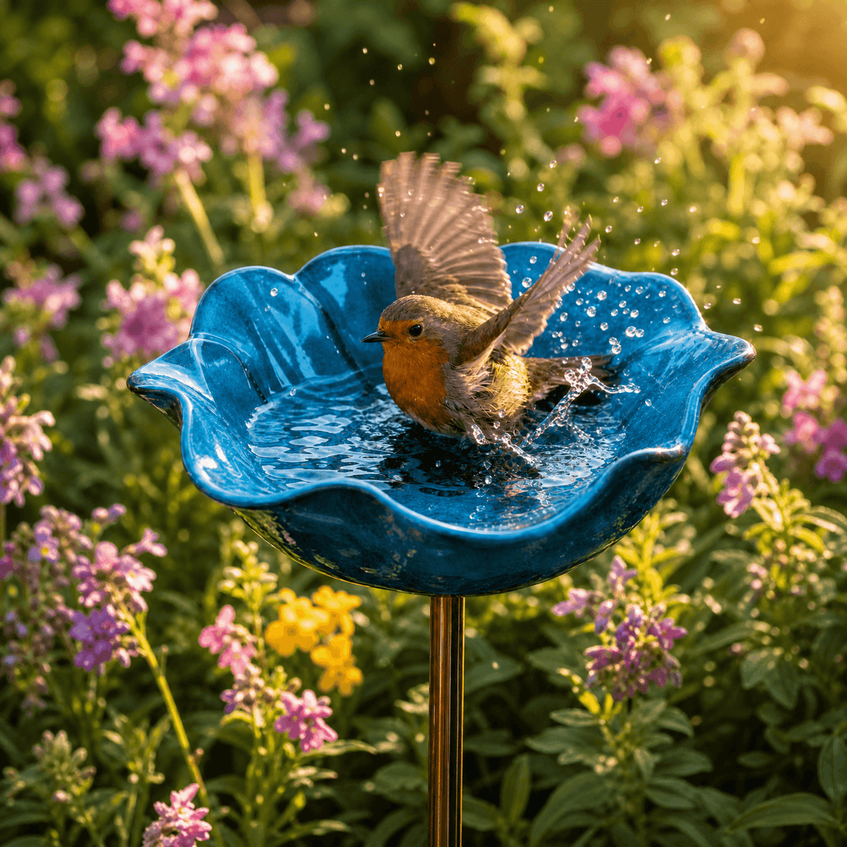 PetalHaven – Hand-Formed Poppy Bird Bath Garden Stake Teal