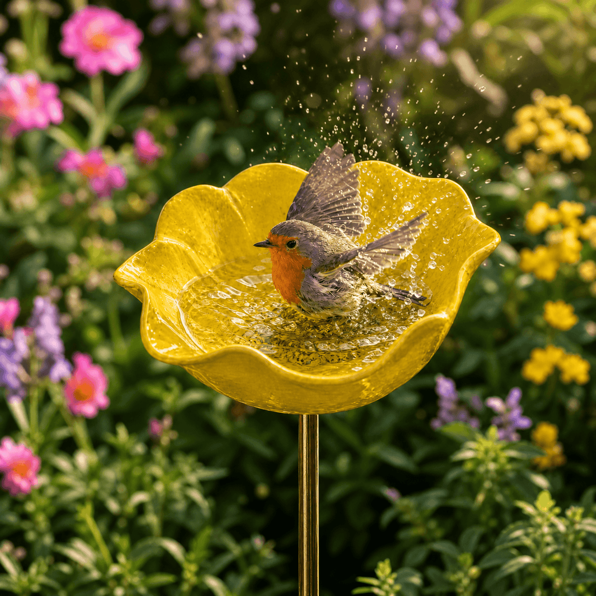 PetalHaven – Hand-Formed Poppy Bird Bath Garden Stake Yellow