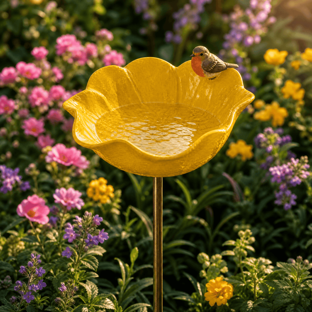 PetalHaven – Hand-Formed Poppy Bird Bath Garden Stake Yellow