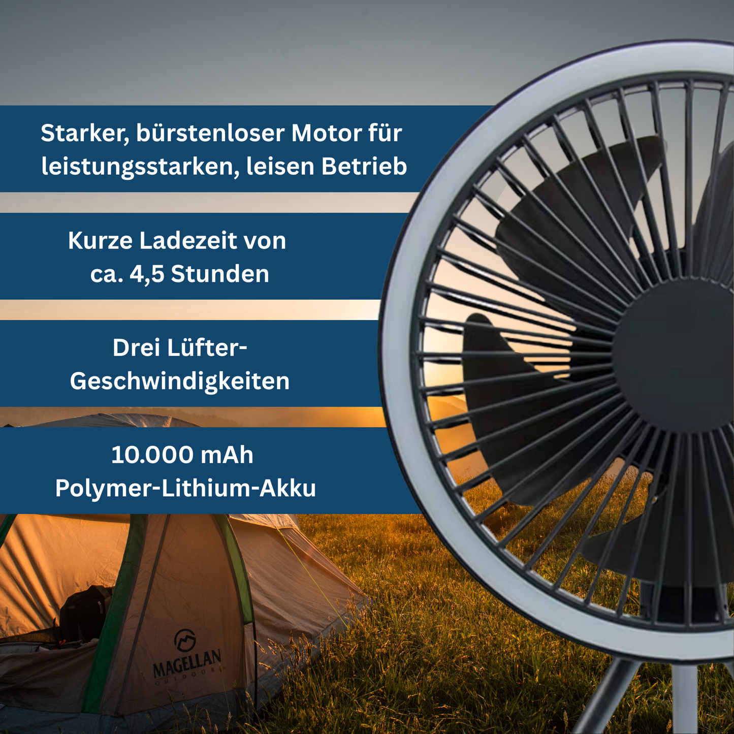 Camping Fan with LED Light – Portable Outdoor Cooling Solution
