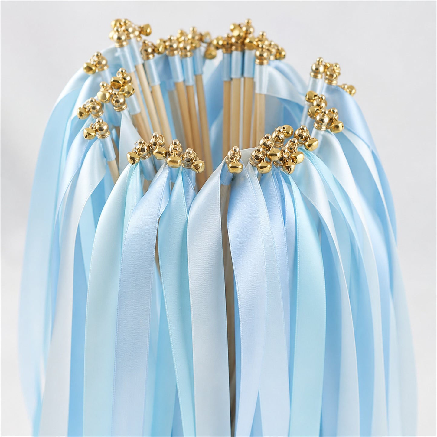 Handmade Light Blue Satin Ribbon Wedding Wands with Bell / Triple Ribbon Wedding Send Off Ideas