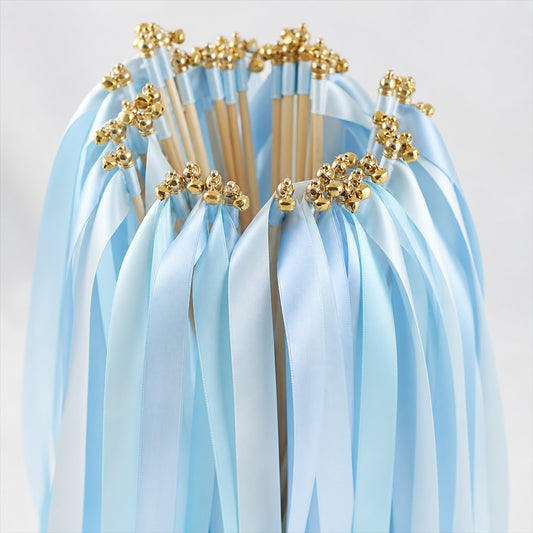 Handmade Light Blue Satin Ribbon Wedding Wands with Bell / Triple Ribbon Wedding Send Off Ideas