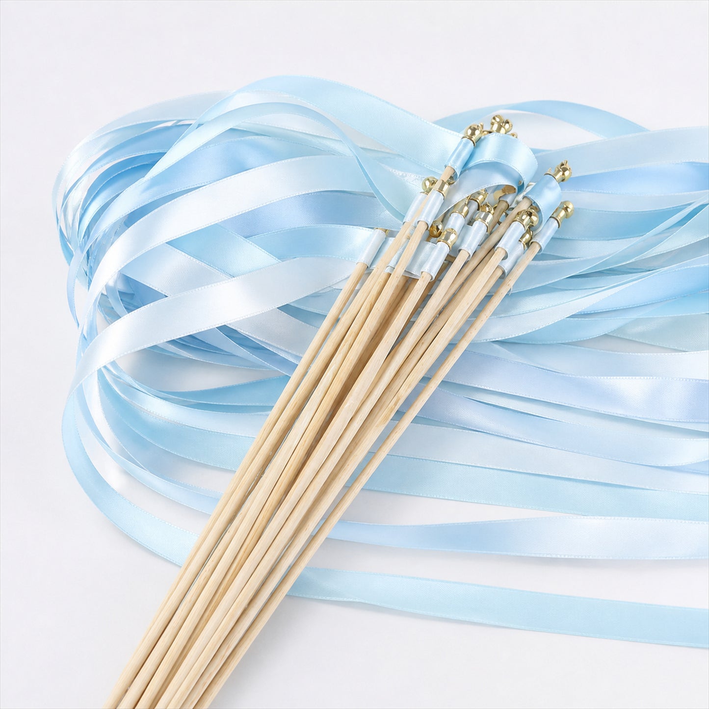 Handmade Light Blue Satin Ribbon Wedding Wands with Bell / Triple Ribbon Wedding Send Off Ideas