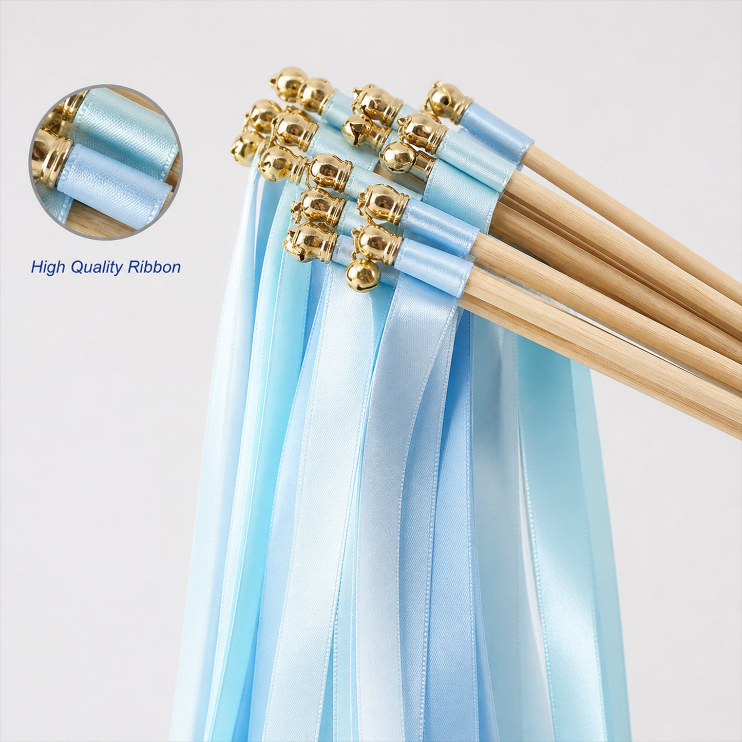 Handmade Light Blue Satin Ribbon Wedding Wands with Bell / Triple Ribbon Wedding Send Off Ideas