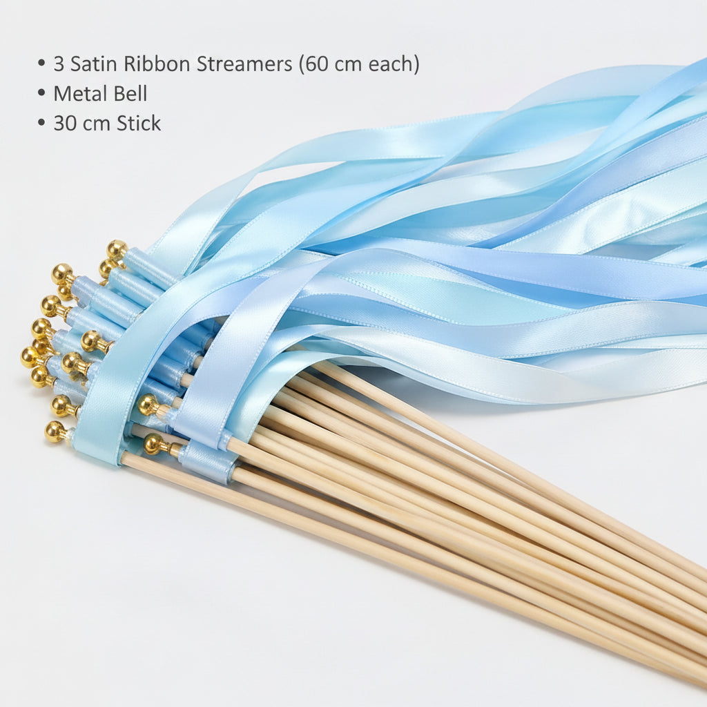Handmade Light Blue Satin Ribbon Wedding Wands with Bell / Triple Ribbon Wedding Send Off Ideas