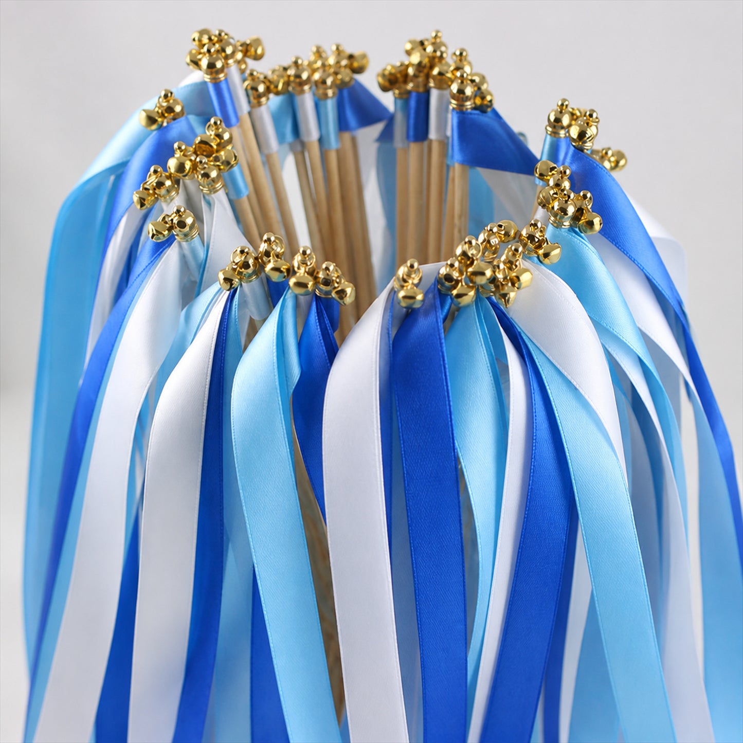Handmade Sky Blue, Royal Blue & White Satin Ribbon Wedding Wands with Bell