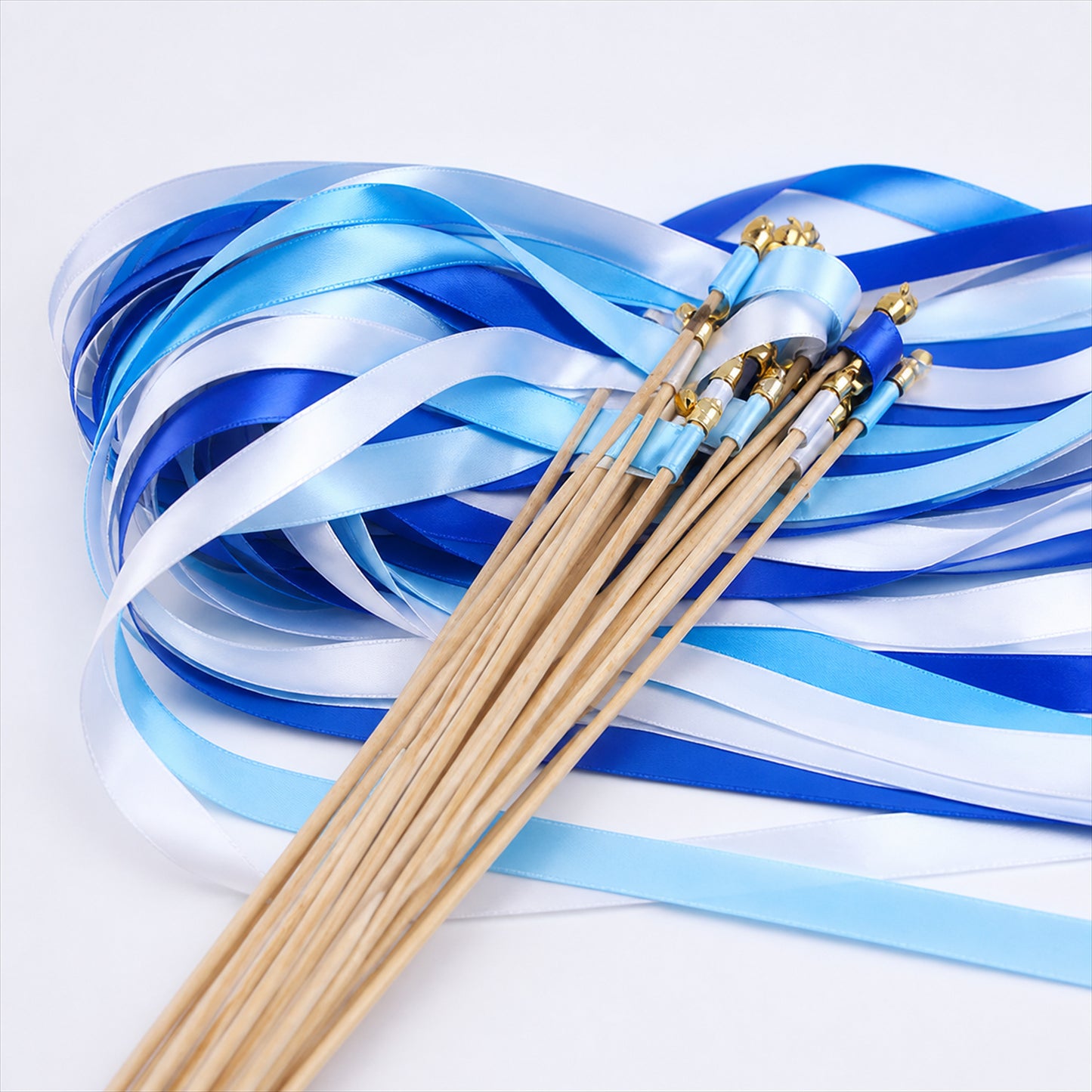 Handmade Sky Blue, Royal Blue & White Satin Ribbon Wedding Wands with Bell