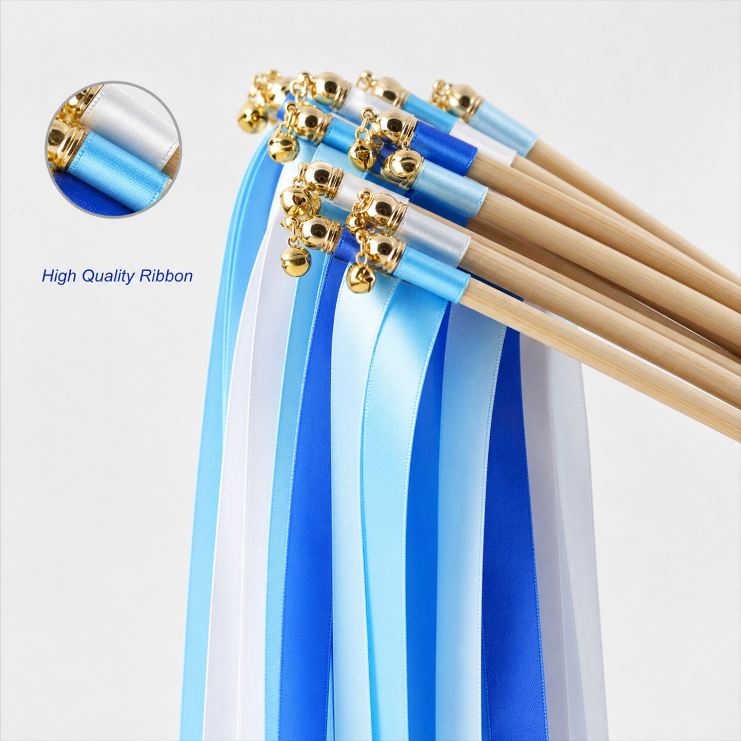 Handmade Sky Blue, Royal Blue & White Satin Ribbon Wedding Wands with Bell