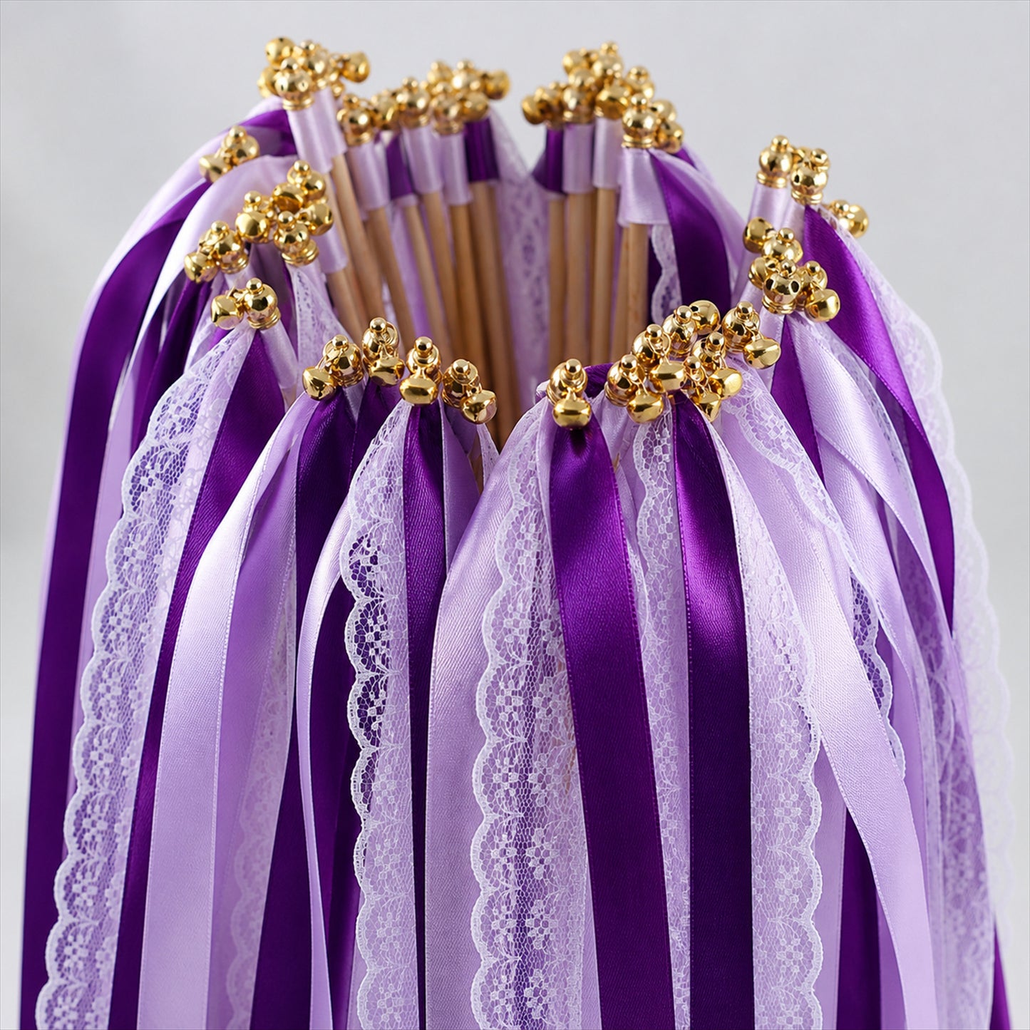 Handmade Plum, Lavender & White Satin & Lace Ribbon Wedding Wands with Bell