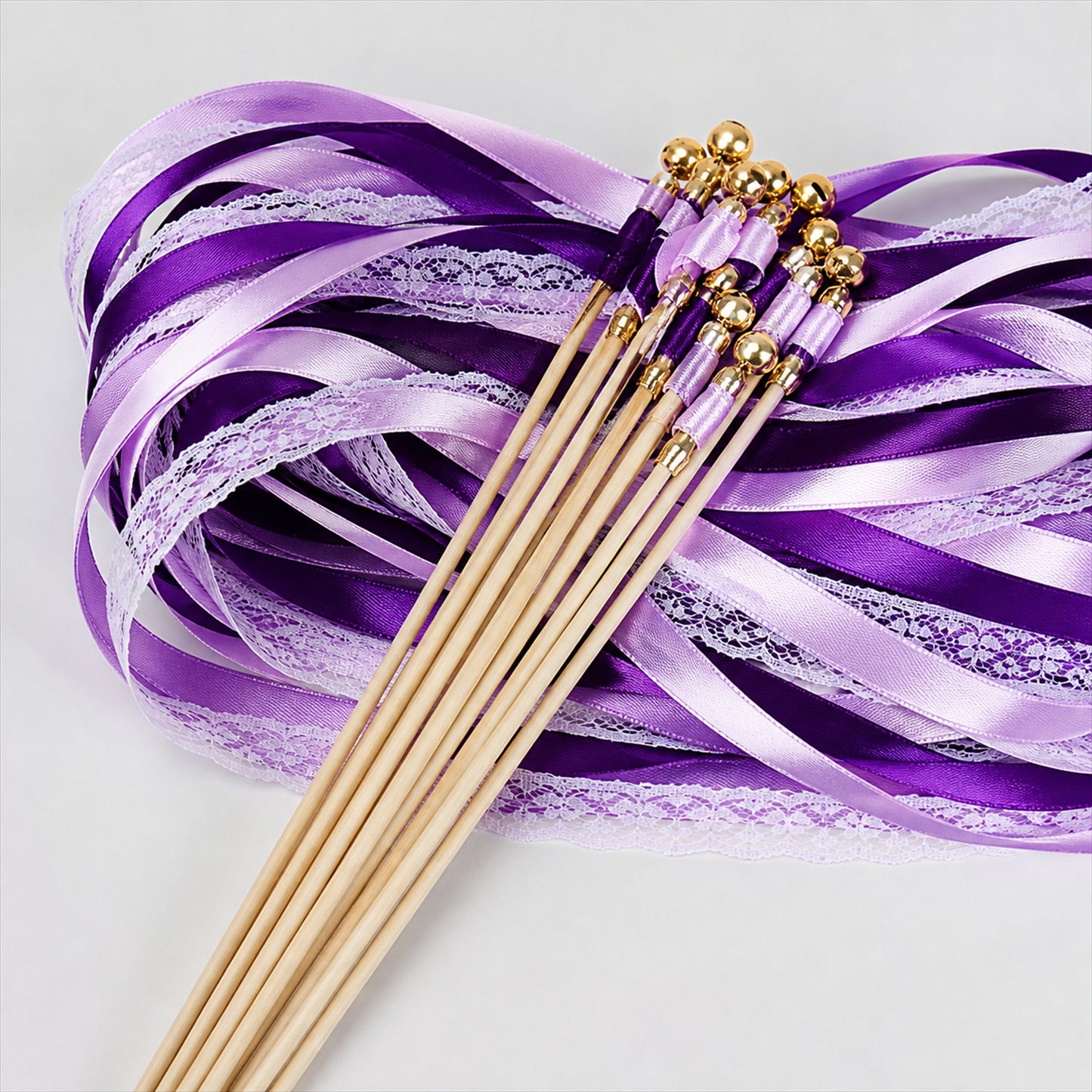 Handmade Plum, Lavender & White Satin & Lace Ribbon Wedding Wands with Bell