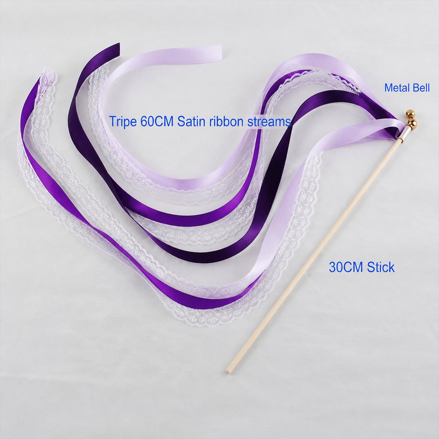 Handmade Plum, Lavender & White Satin & Lace Ribbon Wedding Wands with Bell