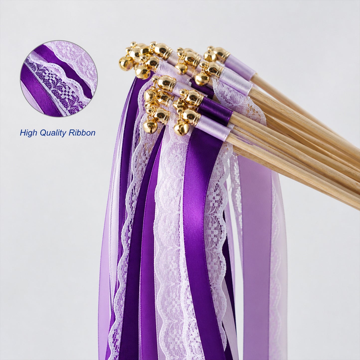 Handmade Plum, Lavender & White Satin & Lace Ribbon Wedding Wands with Bell