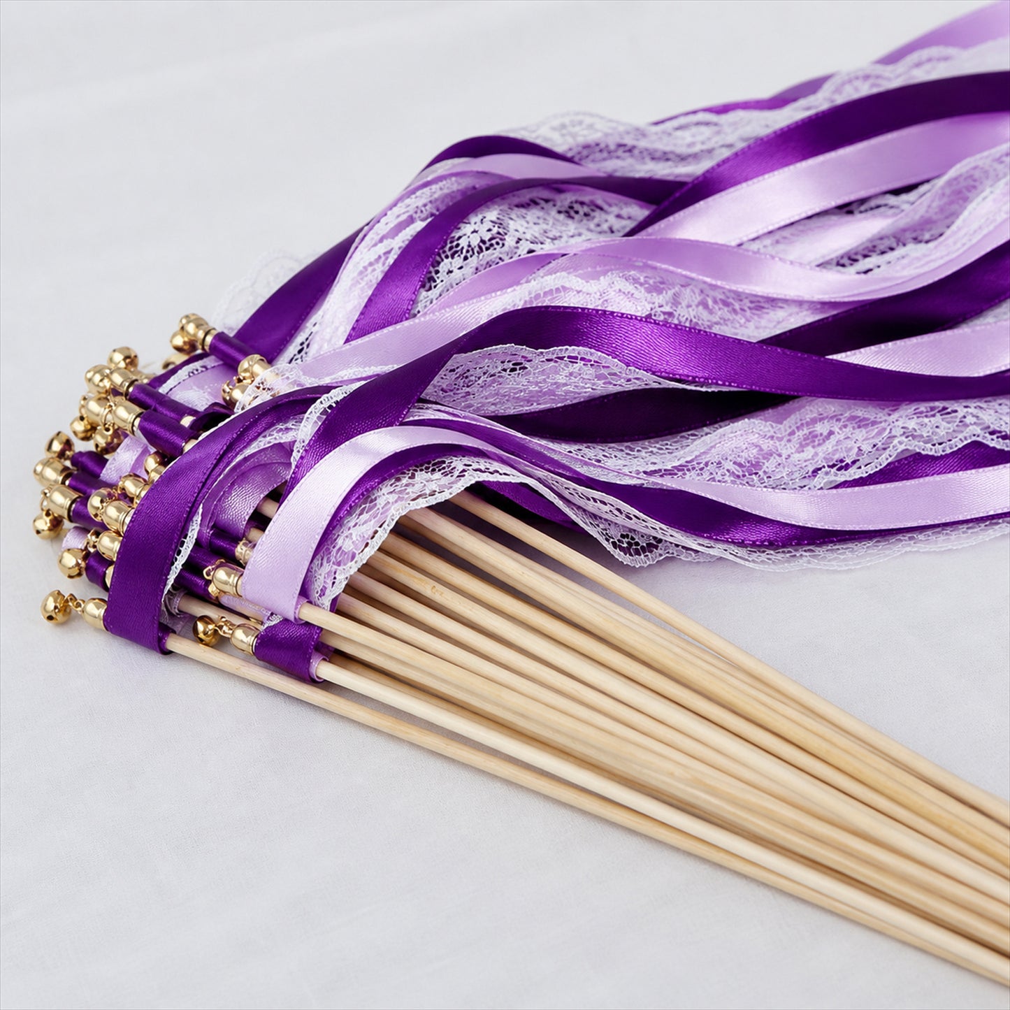 Handmade Plum, Lavender & White Satin & Lace Ribbon Wedding Wands with Bell