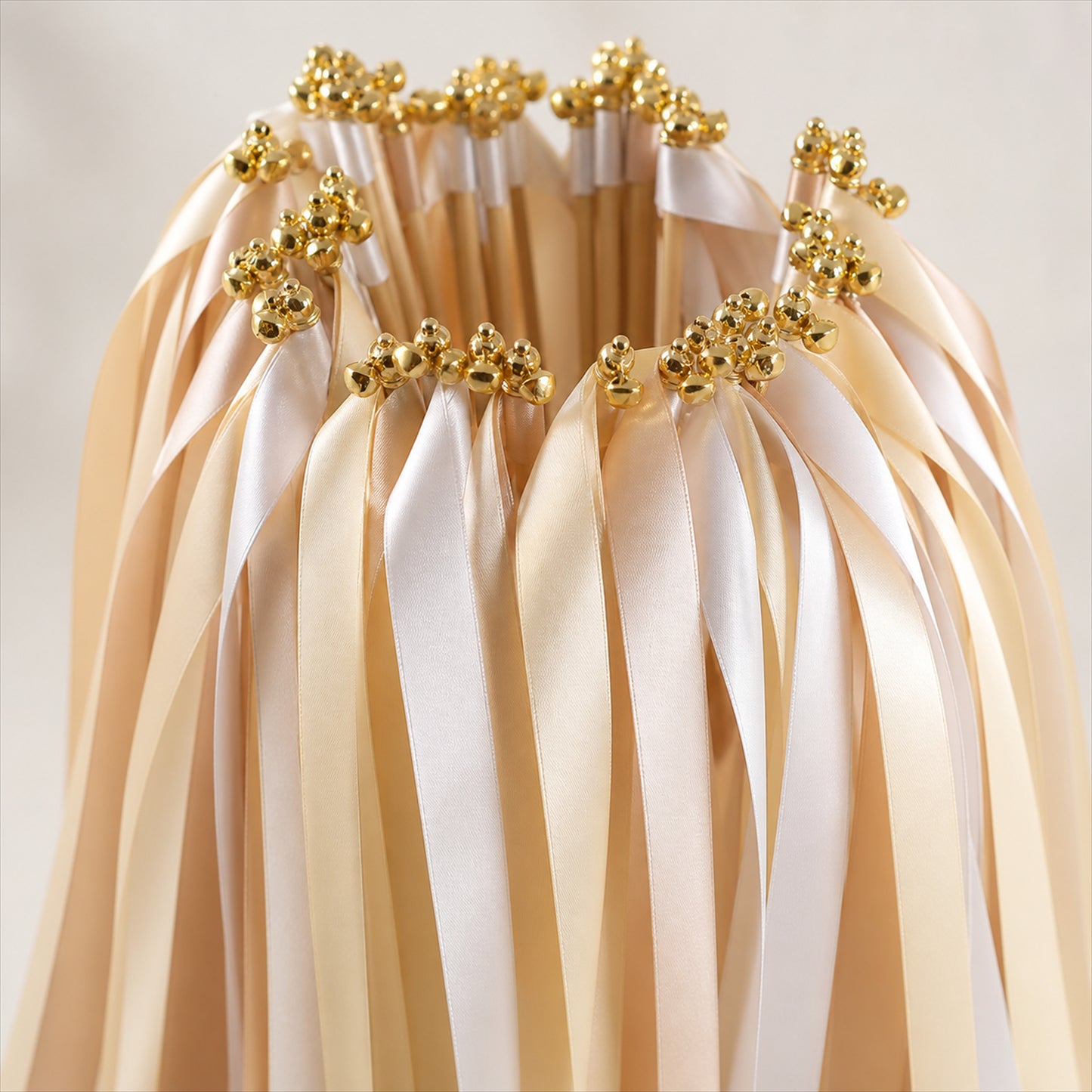 Handmade Champagne, Ivory & Beige Satin Ribbon Wedding Wands with Bell