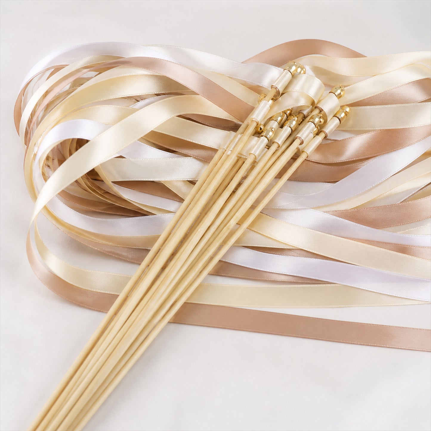 Handmade Champagne, Ivory & Beige Satin Ribbon Wedding Wands with Bell