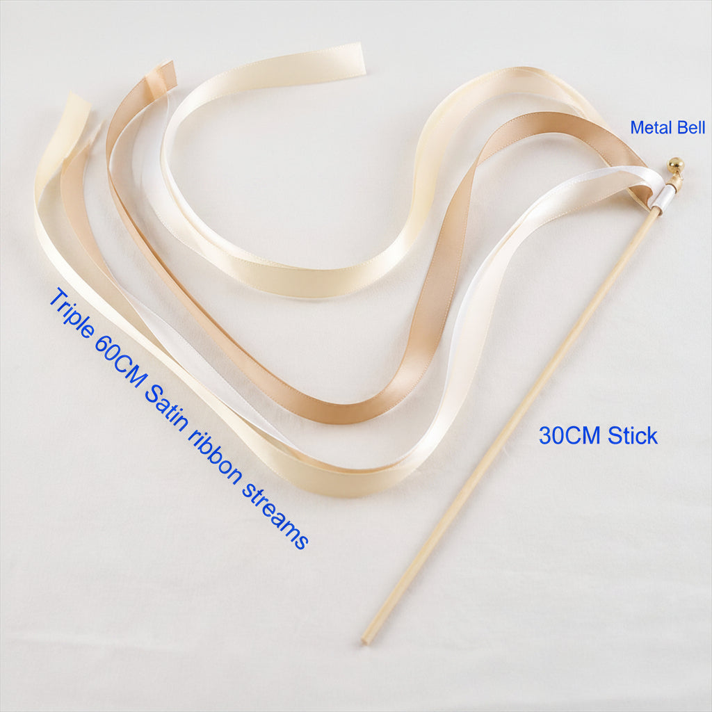 Handmade Champagne, Ivory & Beige Satin Ribbon Wedding Wands with Bell