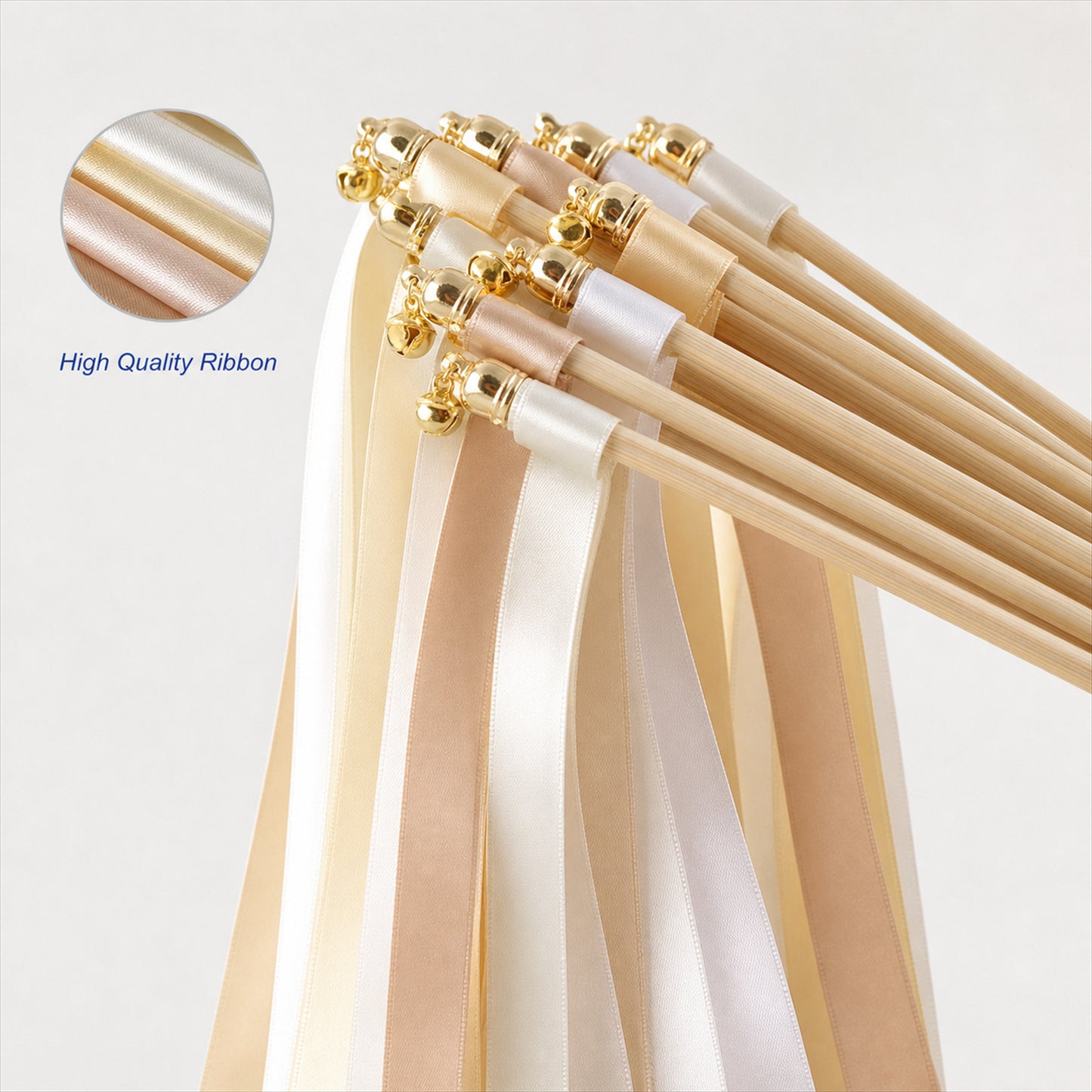 Handmade Champagne, Ivory & Beige Satin Ribbon Wedding Wands with Bell