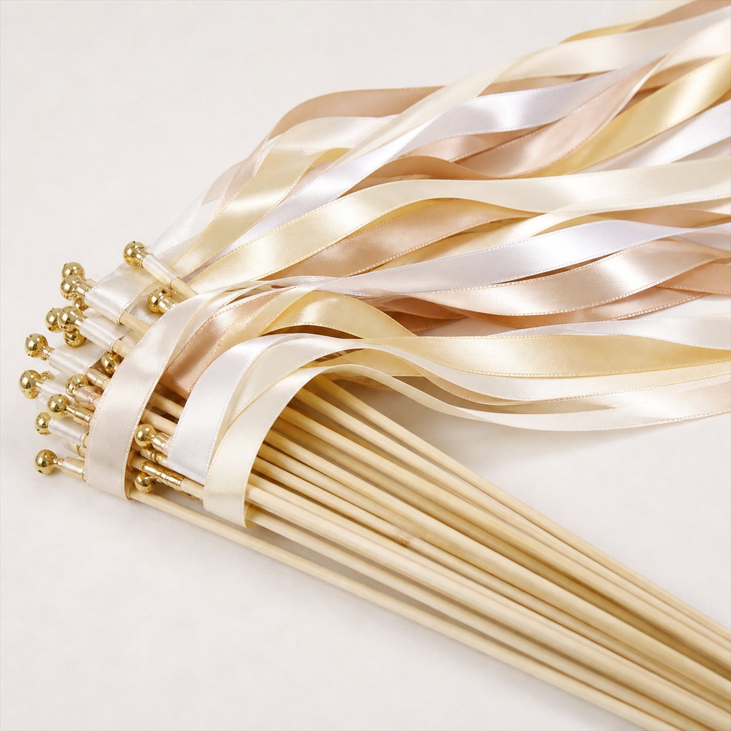 Handmade Champagne, Ivory & Beige Satin Ribbon Wedding Wands with Bell