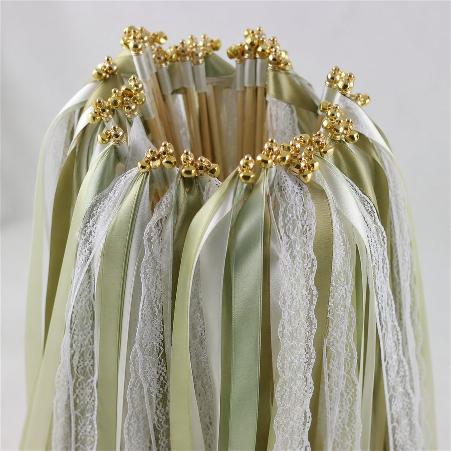 Handmade Sage, Olive & Ivory Satin & Lace Ribbon Wedding Wands with Bell