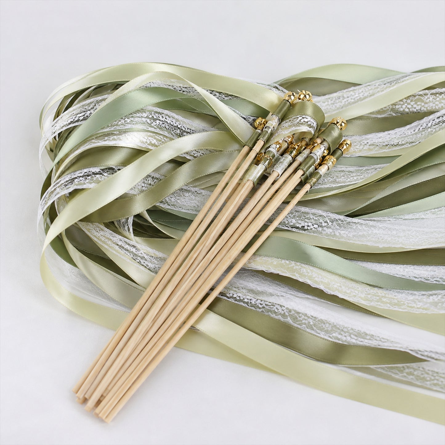 Handmade Sage, Olive & Ivory Satin & Lace Ribbon Wedding Wands with Bell