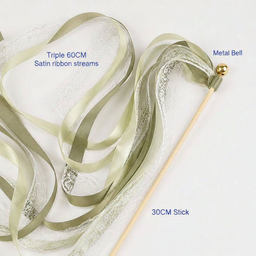 Handmade Sage, Olive & Ivory Satin & Lace Ribbon Wedding Wands with Bell