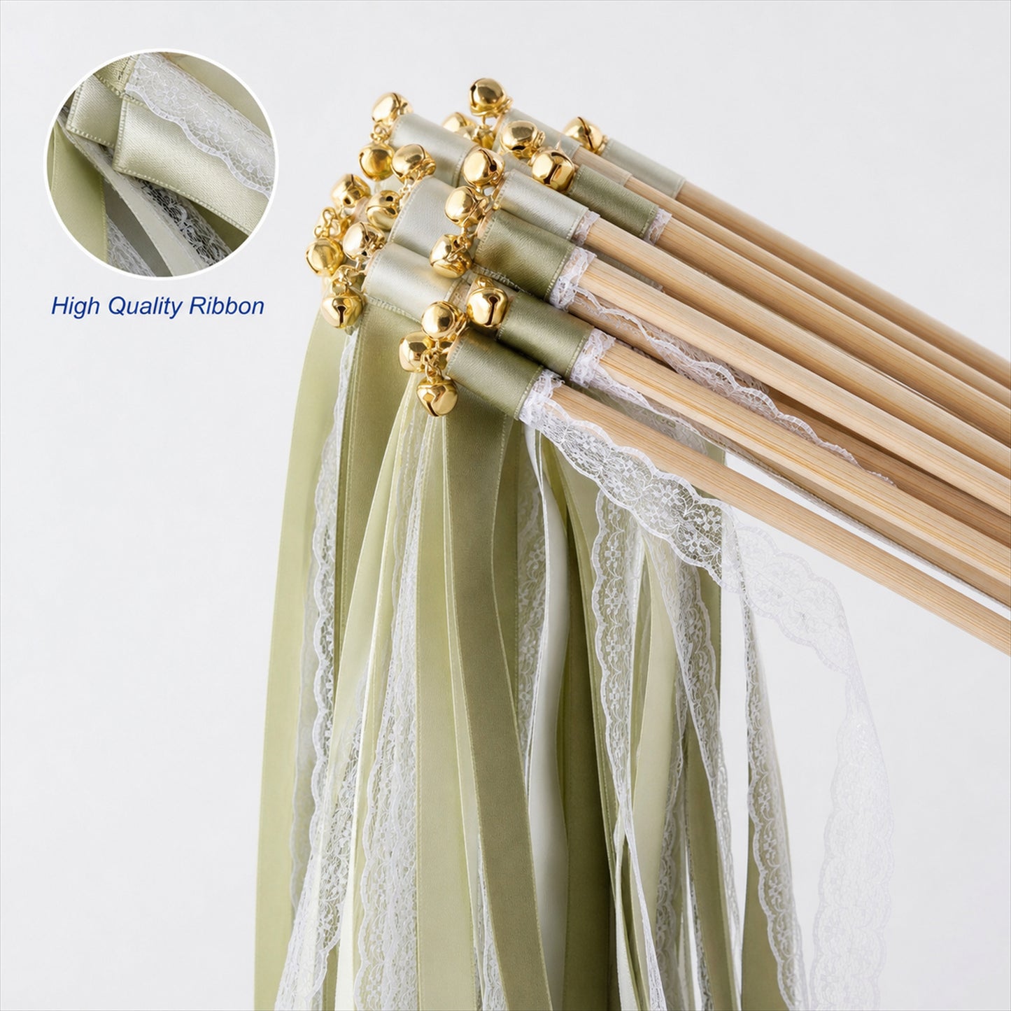 Handmade Sage, Olive & Ivory Satin & Lace Ribbon Wedding Wands with Bell