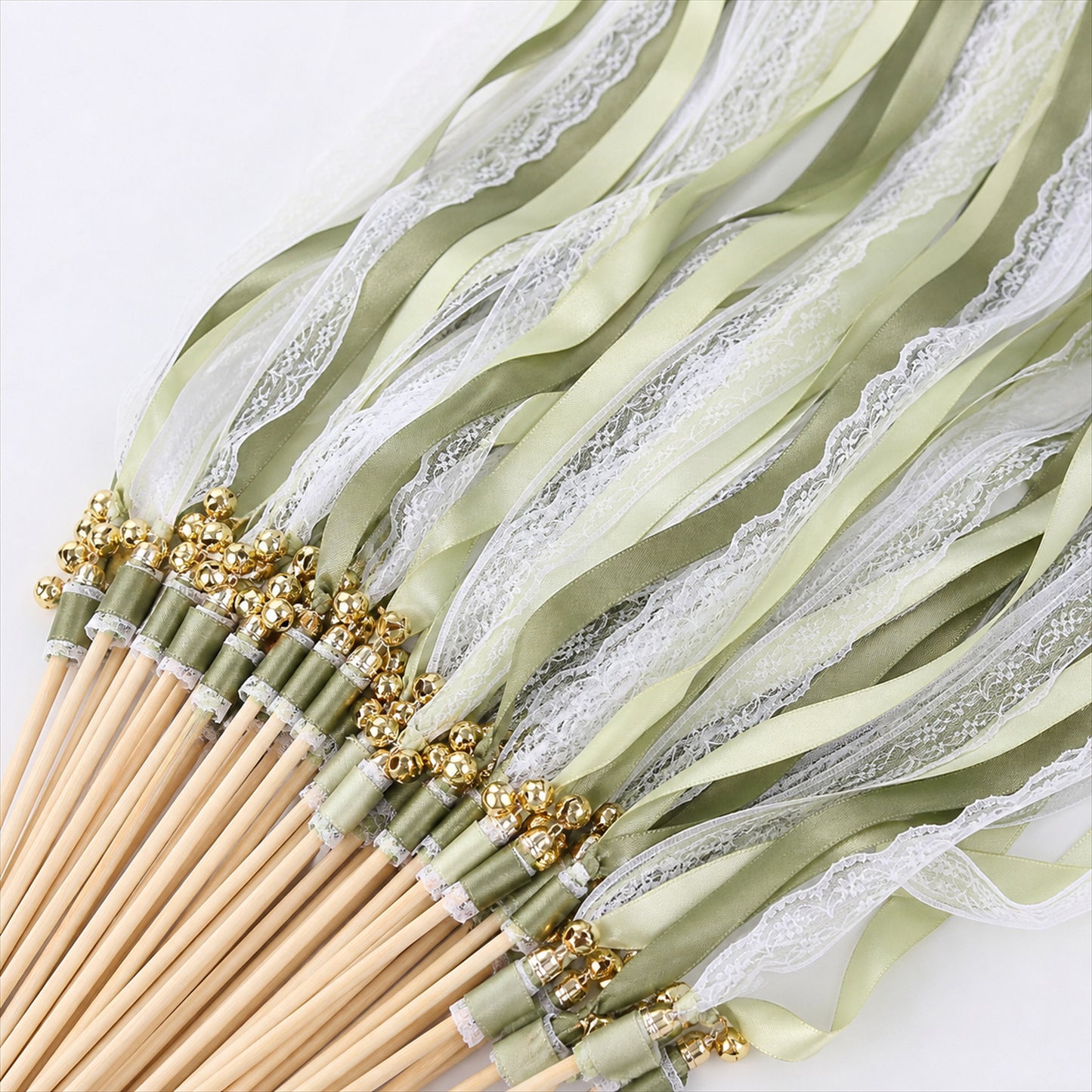 Handmade Sage, Olive & Ivory Satin & Lace Ribbon Wedding Wands with Bell