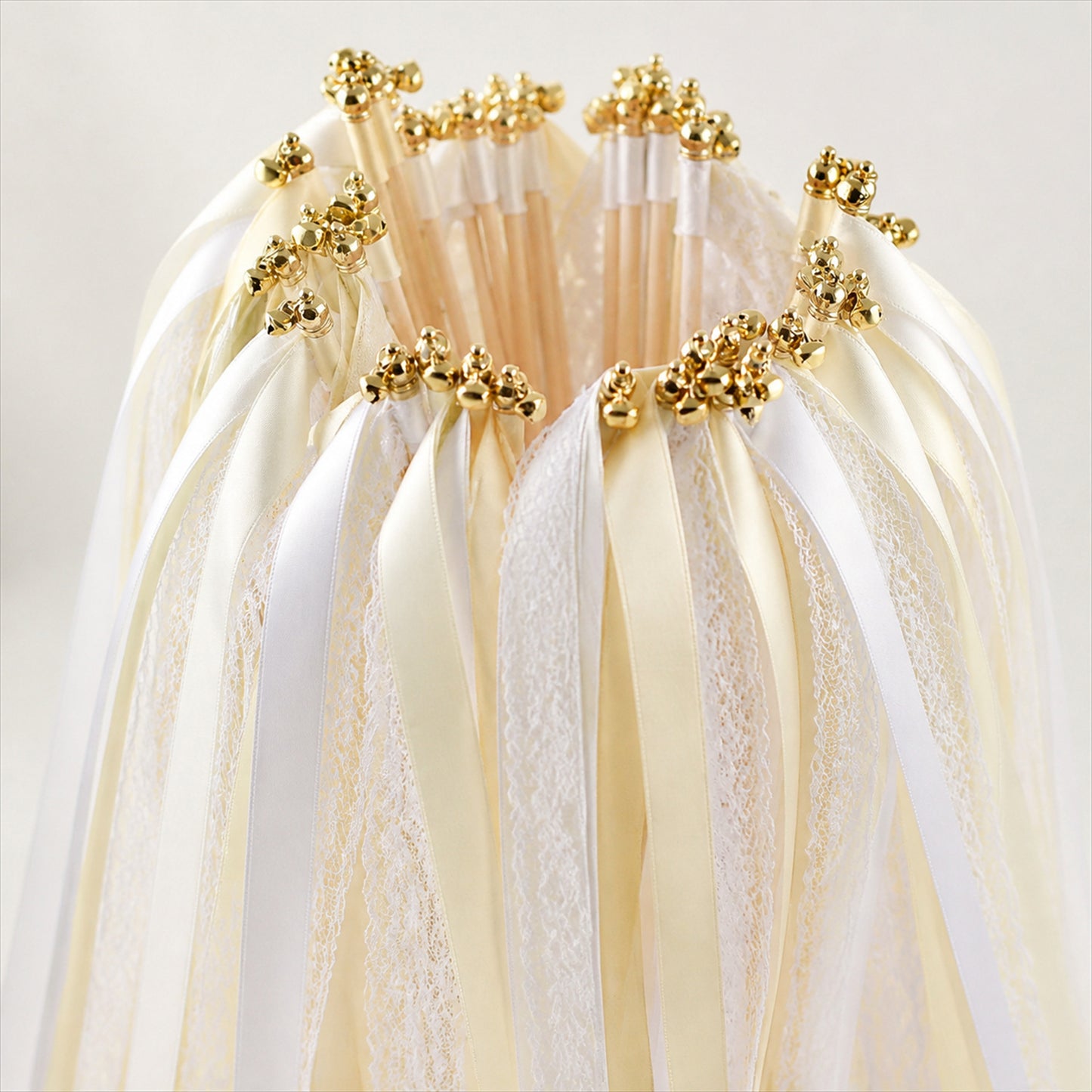 Handmade Ivory & White Satin & Lace Ribbon Wedding Wands with Bell