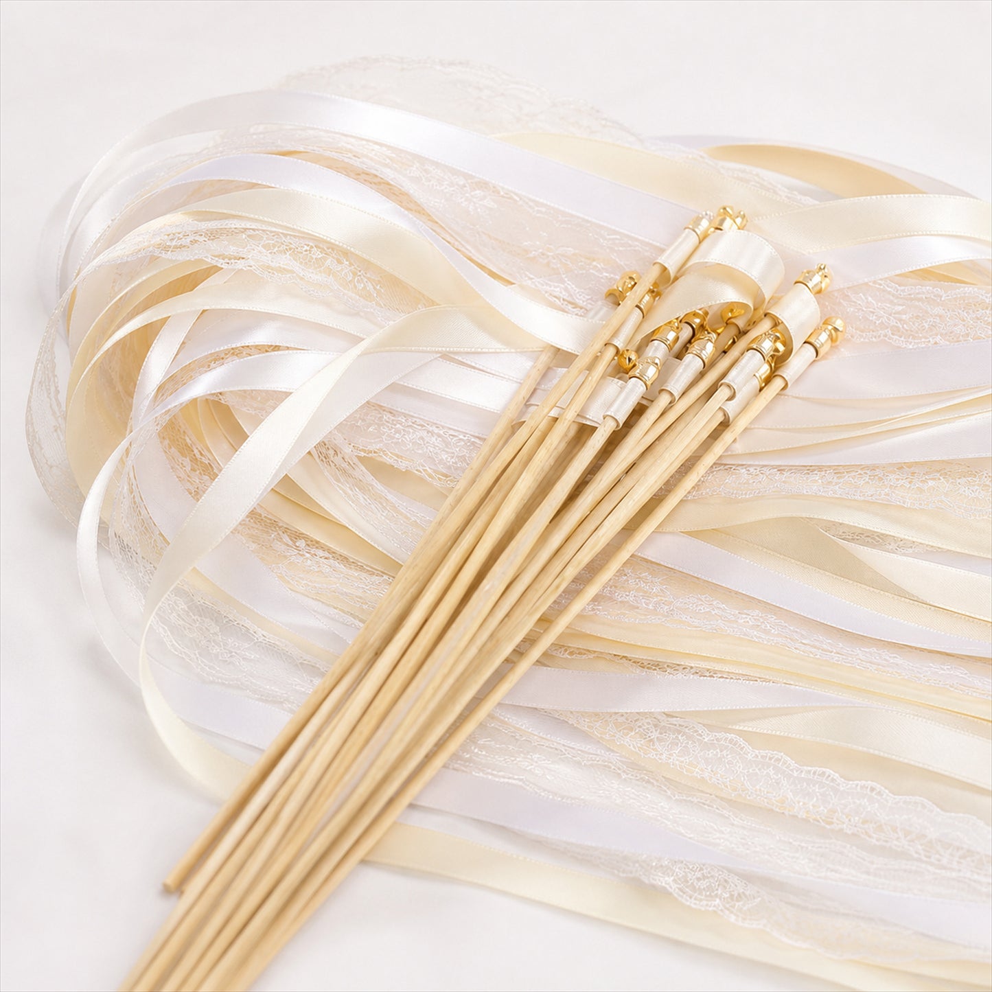 Handmade Ivory & White Satin & Lace Ribbon Wedding Wands with Bell